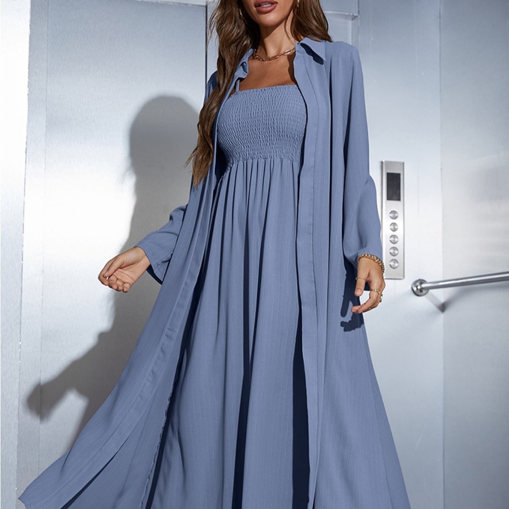 SHEIN MULVARI Elegant DUSTY Blue Maxi Dress and open coat Abaya